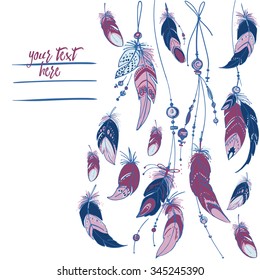 Set of ornaments, feathers and beads. Native american indian dream catcher, traditional symbol. Feathers and beads on white background. Vector decorative elements hippie. Pink color