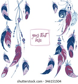 Set of ornaments, feathers and beads. Native american indian dream catcher, traditional symbol. Feathers and beads on white background. Vector decorative elements hippie. Pink color