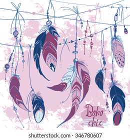 Set of ornaments, feathers and beads. Native american indian dream catcher, traditional symbol. Feathers and beads on white background. Vector decorative elements hippie. Pink color