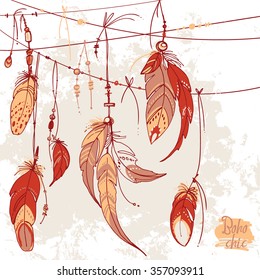 Set of ornaments, feathers and beads. Native american indian dream catcher, traditional symbol. Feathers and beads on white background. Vector decorative elements hippie.