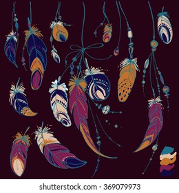 
Set of ornaments, feathers and beads. Native american indian dream catcher, traditional symbol. Feathers and beads on white background. Vector decorative elements hippie.