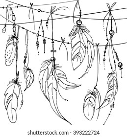 Set of ornaments, feathers and beads. Native american indian dream catcher, traditional symbol. Feathers and beads on white background. Vector decorative elements hippie.