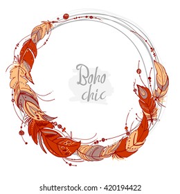 Set of ornaments, feathers and beads. Native american indian dream catcher, traditional symbol. Feathers and beads on white background. Vector decorative elements hippie.