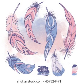 Set of ornaments, feathers and beads. Native american indian dream catcher, traditional symbol. Feathers on a watercolor background. Vector decorative elements hippie. Color rose quartz, serenity.
