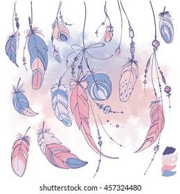 Set of ornaments, feathers and beads. Native american indian dream catcher, traditional symbol. Feathers on a watercolor background. Vector decorative elements hippie. Color rose quartz, serenity.