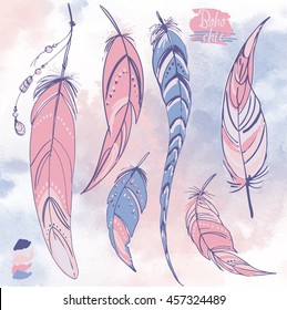 Set of ornaments, feathers and beads. Native american indian dream catcher, traditional symbol. Feathers on a watercolor background. Vector decorative elements hippie. Color rose quartz, serenity.