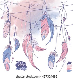 Set of ornaments, feathers and beads. Native american indian dream catcher, traditional symbol. Feathers on a watercolor background. Vector decorative elements hippie. Color rose quartz, serenity.