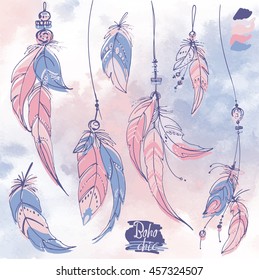 Set of ornaments, feathers and beads. Native american indian dream catcher, traditional symbol. Feathers on a watercolor background. Vector decorative elements hippie. Color rose quartz, serenity.