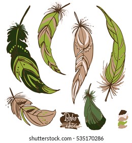 Set of ornaments, feathers and beads. Native american indian dream catcher, traditional symbol. Feathers and beads. Vector decorative elements hippie. Green color