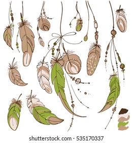 Set of ornaments, feathers and beads. Native american indian dream catcher, traditional symbol. Feathers and beads. Vector decorative elements hippie. Green color