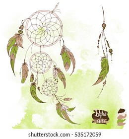 Set of ornaments, feathers and beads. Native american indian dream catcher, traditional symbol. Feathers and beads on watercolor background. Vector decorative elements hippie. 