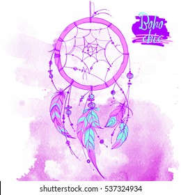 Set of ornaments, feathers and beads. Native american indian dream catcher, traditional symbol. Feathers and beads on watercolor background. Vector decorative elements hippie. 
