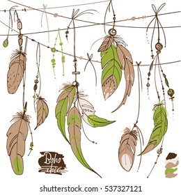 Set of ornaments, feathers and beads. Native american indian dream catcher, traditional symbol. Feathers and beads. Vector decorative elements hippie. Green color