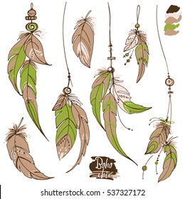 Set of ornaments, feathers and beads. Native american indian dream catcher, traditional symbol. Feathers and beads. Vector decorative elements hippie. Green color