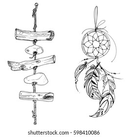 Set of ornaments, feathers and beads. Native american indian dream catcher, traditional symbol. Feathers and beads on white background. Vector decorative 