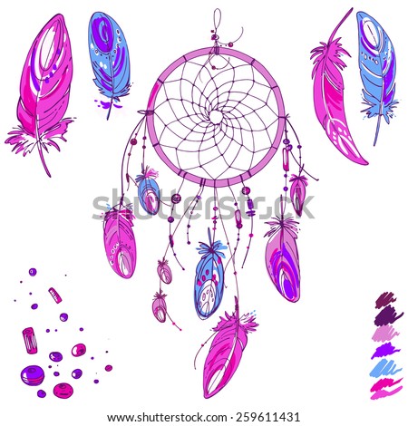 Set of ornaments, feathers and beads. Native American Indian dream catcher, traditional symbol. Bright colored feathers and beads on white background. Vector decorative elements hippie