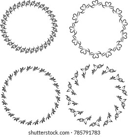 set of ornaments from hearts and leaf, round floral frame on white background