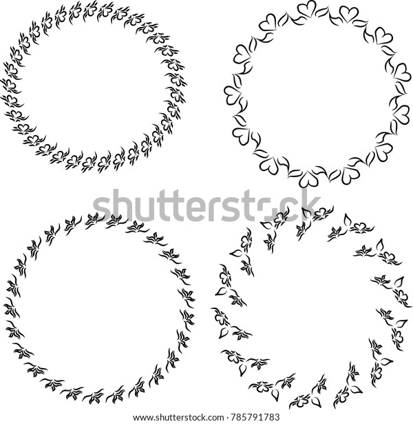 set of ornaments from hearts and leaf, round\
floral frame on white\
background