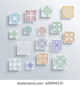 Set of ornaments on squares on a background. Vector illustration