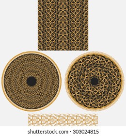 A set ornaments in oriental style. It includes seamless square pattern, two circular mandala and patterned brush. Vector illustration