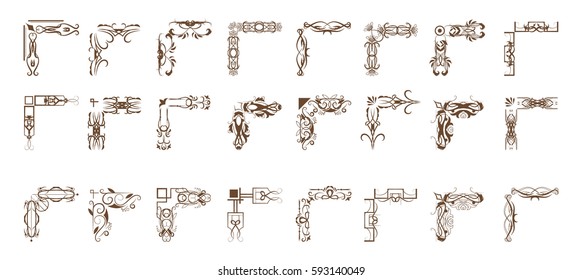 Set of ornametal corners on white background. Classic, floral and ethnic ornaments. Embroidery.