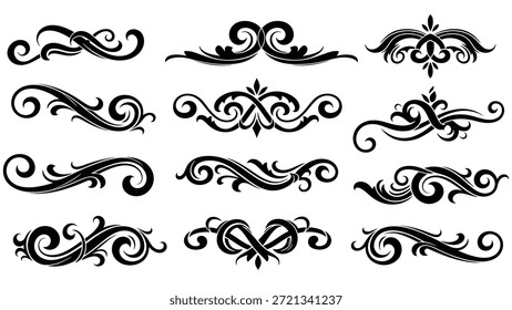 Conjunto de remolinos decorativos adornados en blanco y negro