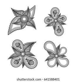 Set of ornate black and white vector floral design elements with patterns