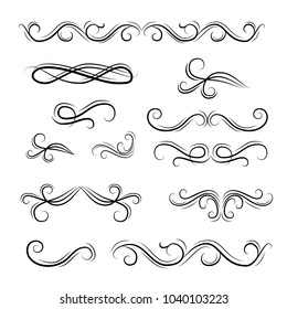 Set of ornate calligraphic vintage elements, dividers and page decorations. Vector illustration isolated on white background.