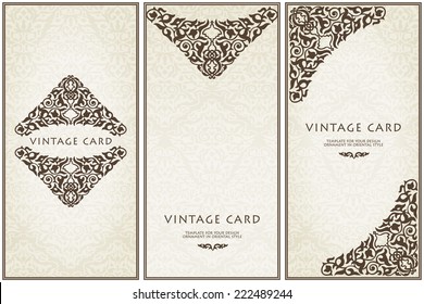 Set of  ornate cards in Victorian style. Eastern floral decor in pastel colors. Template frame for greeting card and wedding invitation. Ornate  border and place for your text. Vector illustration 