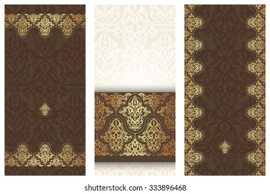 Set of ornate cards in Victorian style. Eastern floral decor . Template frame for greeting card and invitation. Ornate border and place for your text. Vector illustration