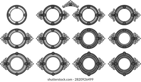 Set of ornate circular frames with decorative floral flourishes and filigree details transparent background
