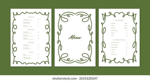 Set of Ornate Classic Menu Templates with decorative green swirly border. Wedding or restaurant layout. Vector illustration for flyer, greeting, invitation, business card, or poster design.