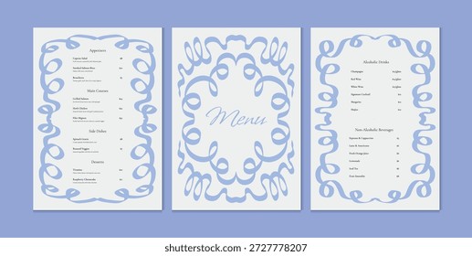Conjunto de Plantillas de menú Ornate Classic con bordes de remolino azul pastel. Elegante diseño de Vector para menú de boda o restaurante, volante, invitación, Anuncio o diseño de saludo. Ilustración vectorial.