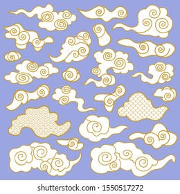 Set of ornate clouds. Stylized Chinese decorative elements for cards, banners and posters. Variety of different shapes with golden outlines.