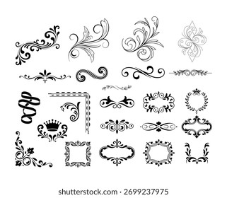 Set of ornate decorative vector illustration elements including flourishes and frames. Ideal for various design projects and creative artworks.