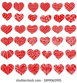 Set von verzierten Dodles-Tälern mit Mustern, geschnitzte Zen-Herzen in Rot für die Valentinstag-Illustration
