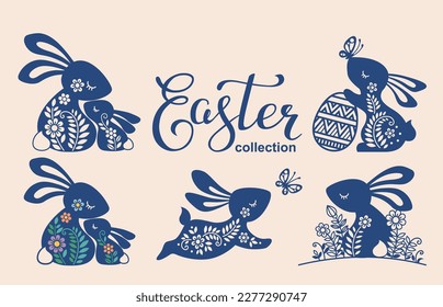 Set of ornate easter bunny's. Vector illustration hare, bunny, rabbit and butterfly. Silhouette of cute bunny with Easter egg, butterfly for laser cut or card