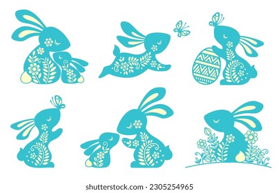 Set of ornate easter bunny's. Vector illustration hare, bunny, rabbit and butterfly. Silhouette of cute bunny with Easter egg, butterfly for laser cut or card