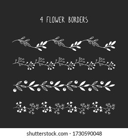 Set of ornate floral borders. Template for cards and decor. Black and white elements, hand-drawn in vintage style. Imitation chalkboard. Vector, eps 10