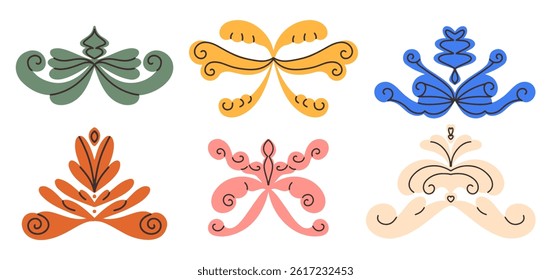 Set of  ornate flourish design elements in various colors. Decorative vector ornaments with symmetrical shapes