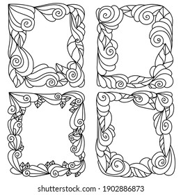 Set of ornate frames with curls and leaves, contour rectangular borders for postcards or decor vector illustration