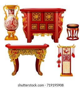 Set of ornate furniture in oriental style isolated on white background. Red floor vase, table with gold ornament. Stylish elements of vintage eastern interior. Vector cartoon close-up illustration.