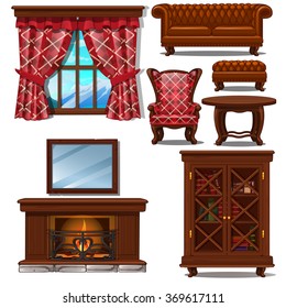 Set of ornate furniture in vintage style isolated on white background. View from window on mountains, burning fireplace, wooden furnishings. Vector cartoon close-up illustration.