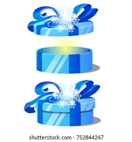 Set of ornate gift boxes with blue lids decorated with snowflake tied with a ribbon bow isolated on white background. Ideas of packing gifts. Vector cartoon close-up illustration.