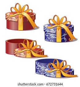 Set of ornate gift boxes with lids red and blue color with golden florid ornament tied with a gold ribbon bow isolated on white background. Ideas of packing gifts. Vector cartoon close-up illustration
