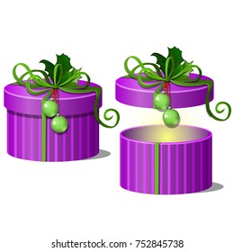 Set of ornate gift boxes purple color with lids tied with a green ribbon bow with leaves of Holly isolated on white background. Ideas of packing gifts. Vector cartoon close-up illustration.