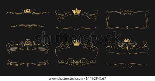 Set of ornate golden crown frames. Elegant gold\
vintage borders for alcohol bottle branding. Swirl Irish whiskey\
royal ornament.