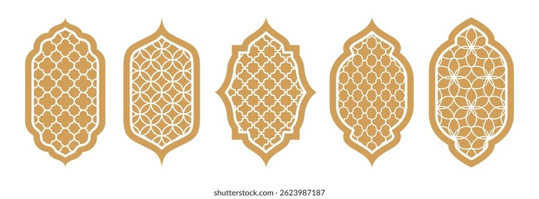 Set von goldenen islamischen Fenster- oder Rahmendesigns mit geometrischen Mustern. Elegante Design-Elemente ideal für Ramadan, Eid al-Adha, Eid al-Fitr und andere Feiertage.
