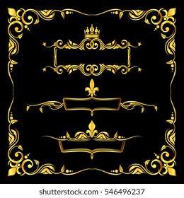 Set of ornate golden royal frames black background.
