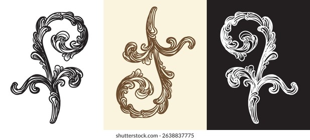 Set of ornate hand drawing design elements in three colors. Baroque filigree, vintage damask, wedding ornaments and monogram. Vector illustration for print, design, decoration, cards, invitation